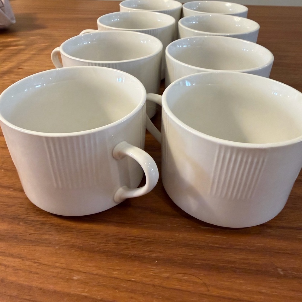 White Ceramic Ribbed Coffee Mugs - Set of 8